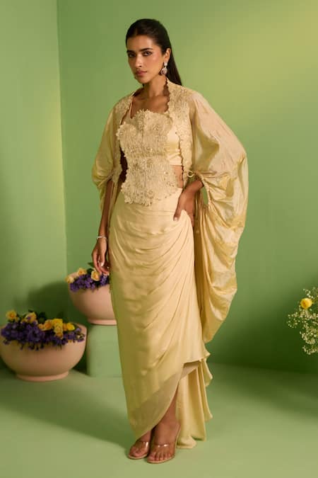 House Of Armuse Beige Organza, Silk Stones, Embroidery Square Neck Cape Set 