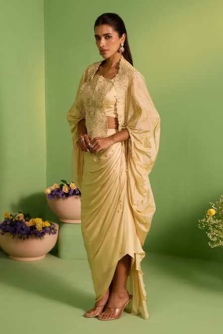 Buy_House Of Armuse_Beige Organza, Silk Stones, Embroidery Square Neck Cape Set _Online_at_Aza_Fashions