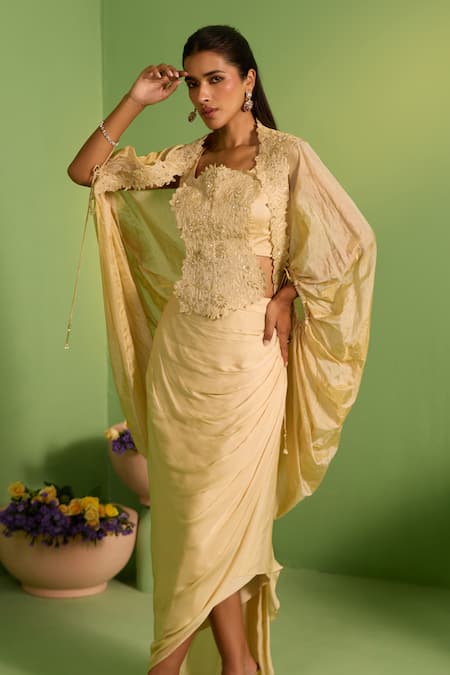 Shop_House Of Armuse_Beige Organza, Silk Stones, Embroidery Square Neck Cape Set _Online_at_Aza_Fashions