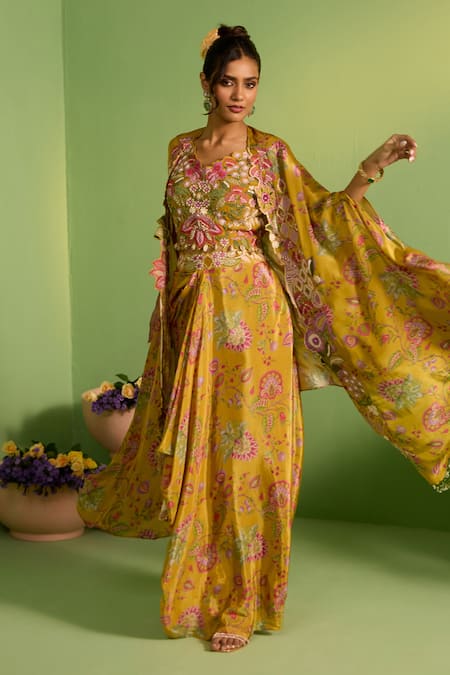 House Of Armuse_Yellow Silk Pearls, Beads V-neck Zivara Printed Cape Set _Online_at_Aza_Fashions
