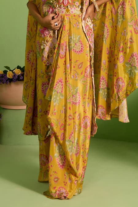 Shop_House Of Armuse_Yellow Silk Pearls, Beads V-neck Zivara Printed Cape Set _Online_at_Aza_Fashions