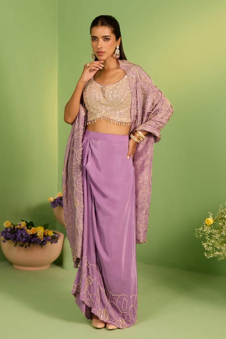 House Of Armuse_Purple Silk, Crepe Sequins, Pearls Scoop Neck Meheria Designer Cape Set _Online_at_Aza_Fashions