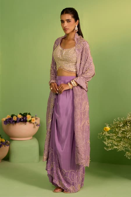Buy_House Of Armuse_Purple Silk, Crepe Sequins, Pearls Scoop Neck Meheria Designer Cape Set _Online_at_Aza_Fashions