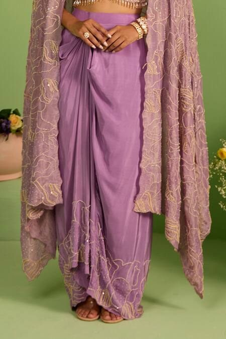 Shop_House Of Armuse_Purple Silk, Crepe Sequins, Pearls Scoop Neck Meheria Designer Cape Set _Online_at_Aza_Fashions