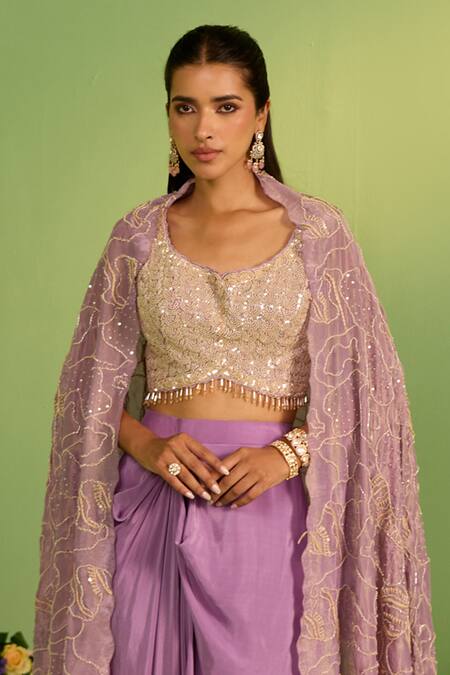 House Of Armuse_Purple Silk, Crepe Sequins, Pearls Scoop Neck Meheria Designer Cape Set _at_Aza_Fashions