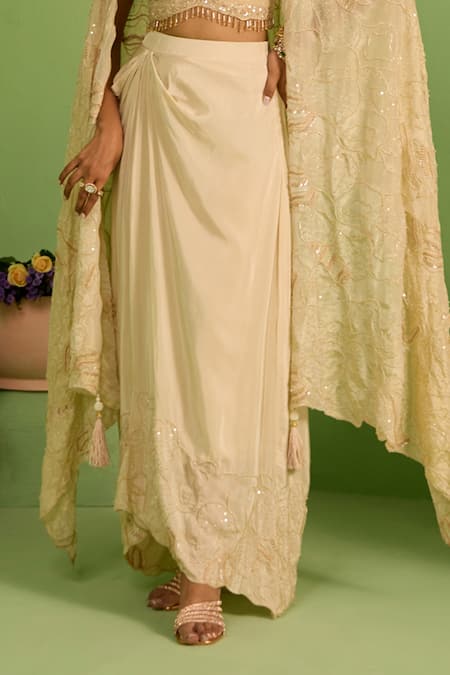 House Of Armuse_Ivory Silk, Crepe Sequins, Pearls Round Neck Shimmer Cape Set _Online_at_Aza_Fashions