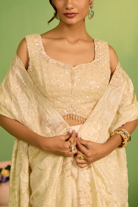 Shop_House Of Armuse_Ivory Silk, Crepe Sequins, Pearls Round Neck Shimmer Cape Set _Online_at_Aza_Fashions