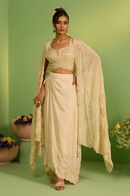 House Of Armuse Ivory Silk, Crepe Sequins, Pearls Round Neck Shimmer Cape Set