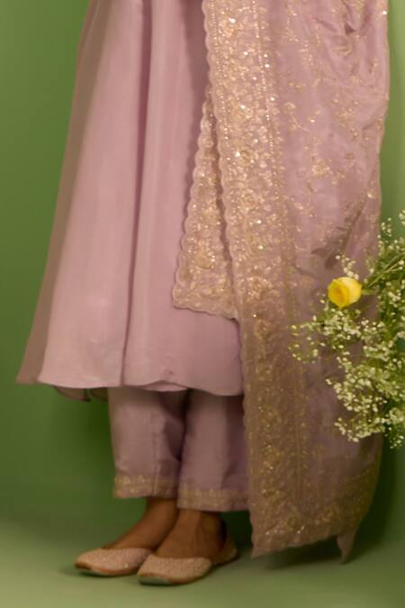 House Of Armuse_Lilac Tissue Zari, Pearls, Sequins Round Neck Zardozi Embellished Suit Set _Online_at_Aza_Fashions