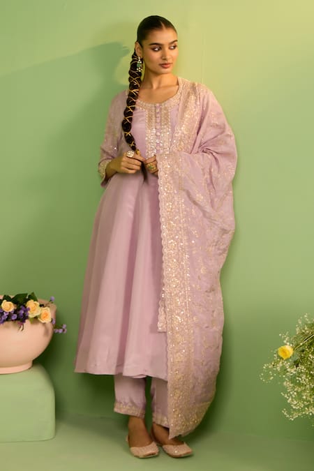 House Of Armuse Lilac Tissue Zari, Pearls, Sequins Round Neck Zardozi Embellished Suit Set