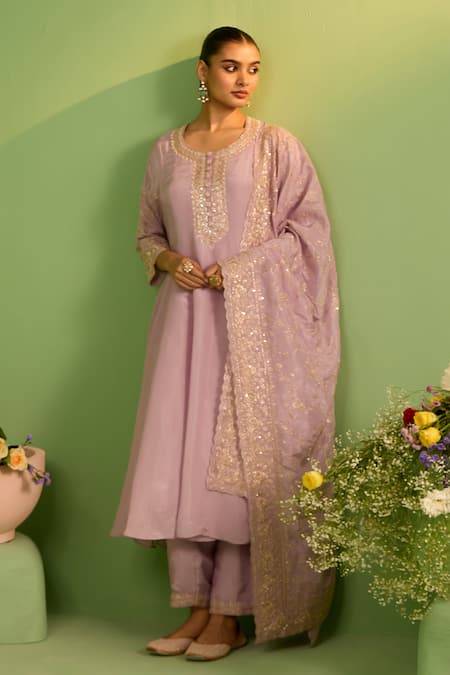 Buy_House Of Armuse_Lilac Tissue Zari, Pearls, Sequins Round Neck Zardozi Embellished Suit Set _Online_at_Aza_Fashions