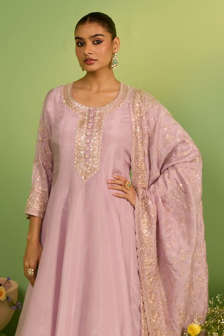 Shop_House Of Armuse_Lilac Tissue Zari, Pearls, Sequins Round Neck Zardozi Embellished Suit Set _Online_at_Aza_Fashions