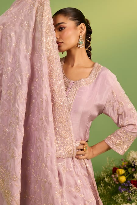 House Of Armuse_Lilac Tissue Zari, Pearls, Sequins Round Neck Zardozi Embellished Suit Set _at_Aza_Fashions