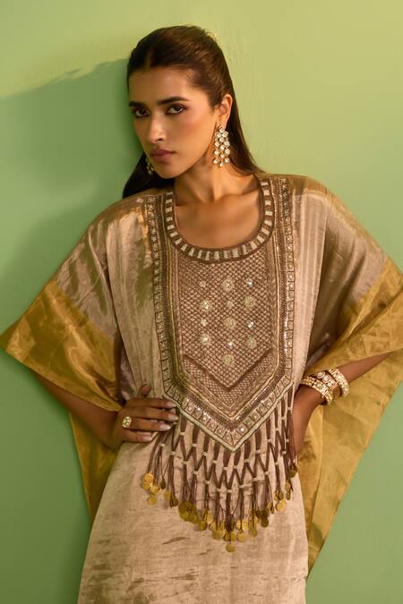 House Of Armuse_Gold Tissue Embroidery, Sequins Round Neck Itya Kaftan Set _at_Aza_Fashions