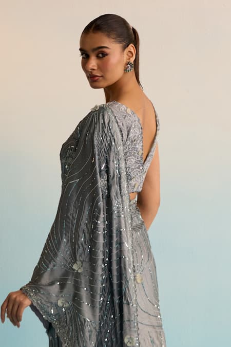 House Of Armuse Gray Silk Pearls V-neck Grey Draped Saree With Hand Work Online at Aza Fashions House Of Armuse_Gray Silk Pearls V-neck Grey Draped Saree With Hand Work _Online_at_Aza_Fashions