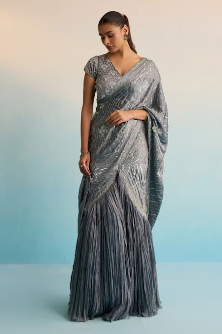 House Of Armuse Gray Silk Pearls V-neck Grey Draped Saree With Hand Work