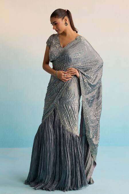 Buy House Of Armuse Gray Silk Pearls V-neck Grey Draped Saree With Hand Work Online at Aza Fashions Buy_House Of Armuse_Gray Silk Pearls V-neck Grey Draped Saree With Hand Work _Online_at_Aza_Fashions