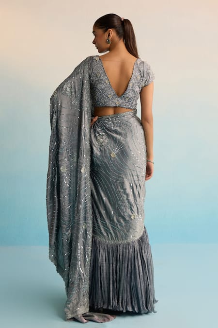 House Of Armuse Grey Draped Saree with Pearl Hand Work 
