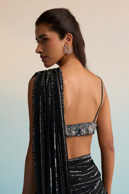 Shop_House Of Armuse_Black Georgette Cut Work, Sequins Sweetheart Neck Azure Noir Cutdana Drape Saree _Online_at_Aza_Fashions