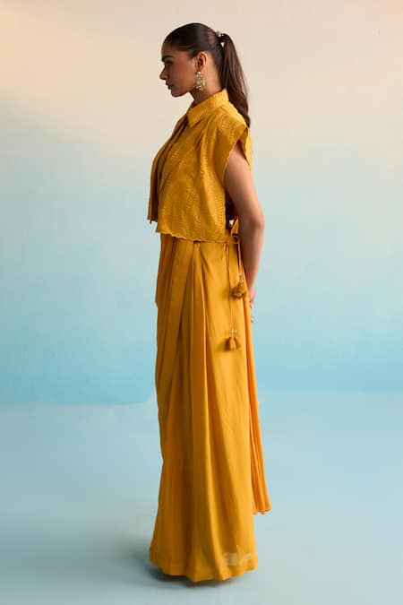 House Of Armuse_Yellow Crepe Embroidery Collared, Round Neck Amruta Elegant Drape Saree Set _Online_at_Aza_Fashions