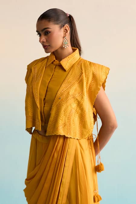 Buy_House Of Armuse_Yellow Crepe Embroidery Collared, Round Neck Amruta Elegant Drape Saree Set _Online_at_Aza_Fashions