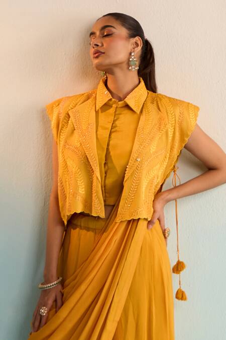 Shop_House Of Armuse_Yellow Crepe Embroidery Collared, Round Neck Amruta Elegant Drape Saree Set _Online_at_Aza_Fashions