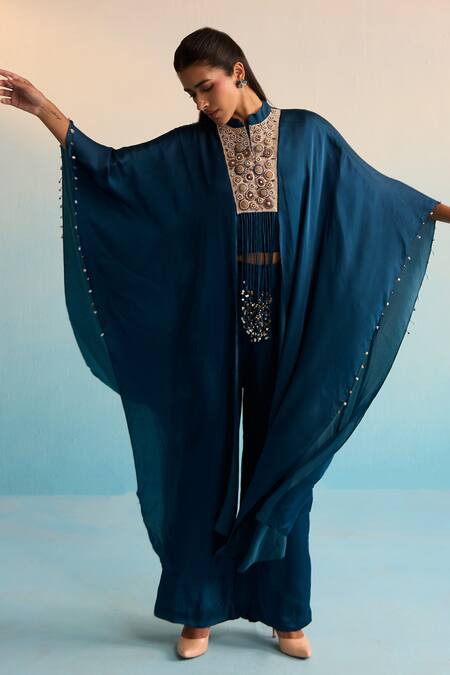 Shop_House Of Armuse_Navy Sequins, Beads Round Neck Blue Kaftan Set _Online_at_Aza_Fashions