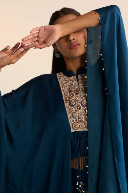 House Of Armuse_Navy Sequins, Beads Round Neck Blue Kaftan Set _at_Aza_Fashions