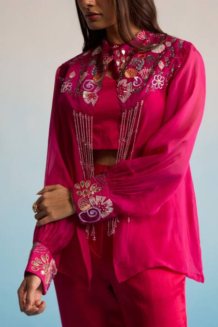 House Of Armuse Pink Organza, Silk, Linen Sequins, Embroidery Mandarin Collar, Hot Co-ord Set Online at Aza Fashions House Of Armuse_Pink Organza, Silk, Linen Sequins, Embroidery Mandarin Collar, Hot Co-ord Set _Online_at_Aza_Fashions