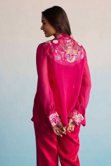 Shop House Of Armuse Pink Organza, Silk, Linen Sequins, Embroidery Mandarin Collar, Hot Co-ord Set Online at Aza Fashions Shop_House Of Armuse_Pink Organza, Silk, Linen Sequins, Embroidery Mandarin Collar, Hot Co-ord Set _Online_at_Aza_Fashions