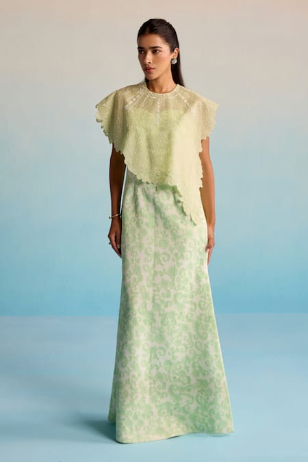 House Of Armuse Green Neoprene, Organza Cut Work High Neck Cape Set
