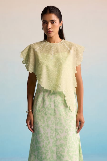 House Of Armuse_Green Neoprene, Organza Cut Work High Neck Cape Set _Online_at_Aza_Fashions