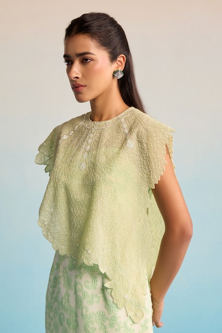 Buy_House Of Armuse_Green Neoprene, Organza Cut Work High Neck Cape Set _Online_at_Aza_Fashions