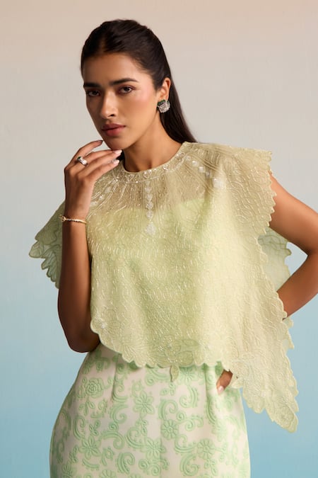 Shop_House Of Armuse_Green Neoprene, Organza Cut Work High Neck Cape Set _Online_at_Aza_Fashions