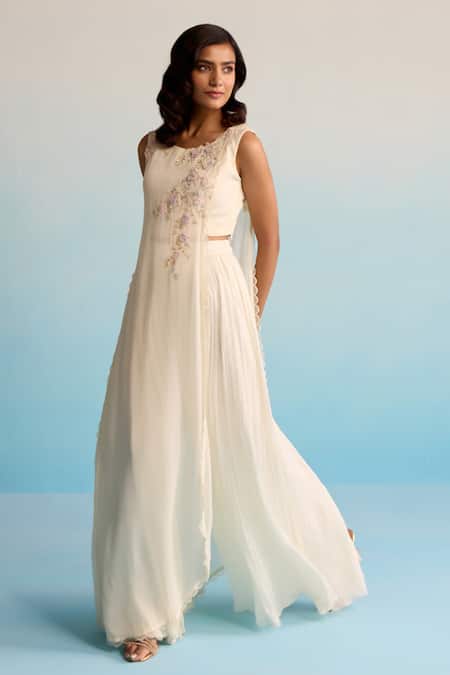 Buy_House Of Armuse_Ivory Chiffon Embroidery, Pearls Round Threadwork Embellished Dress And Jacket _Online_at_Aza_Fashions