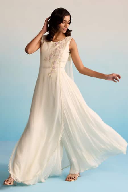 Shop_House Of Armuse_Ivory Chiffon Embroidery, Pearls Round Threadwork Embellished Dress And Jacket _Online_at_Aza_Fashions