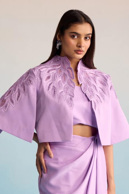 House Of Armuse Purple Neoprene Embroidery, Beads Collared, High Neck Marisa Jacket And Skirt Set at Aza Fashions House Of Armuse_Purple Neoprene Embroidery, Beads Collared, High Neck Marisa Jacket And Skirt Set _at_Aza_Fashions