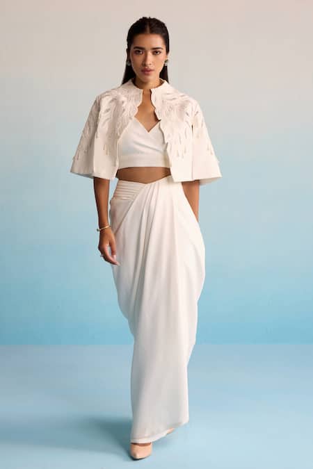 House Of Armuse Ivory Neoprene Pearls, Embroidery V-neck Threadworm Cape And Skirt Set 