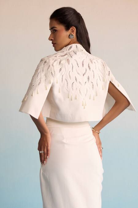 Buy House Of Armuse Ivory Neoprene Pearls, Embroidery V-neck Threadworm Cape And Skirt Set Buy_House Of Armuse_Ivory Neoprene Pearls, Embroidery V-neck Threadworm Cape And Skirt Set