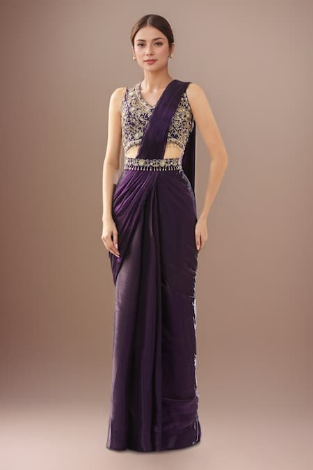 Samyukta Singhania Embroidered Purple Pre-Draped Saree Set 