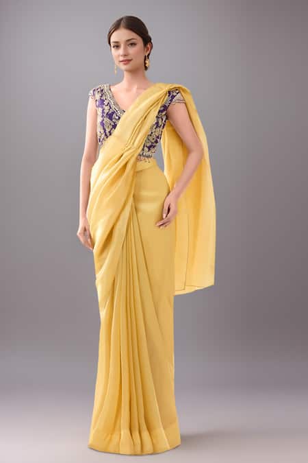 Samyukta Singhania Purple Embroidered Blouse & Yellow Saree Set 