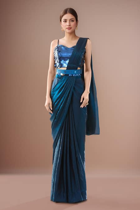 Samyukta Singhania Blue Sequin Embellished Blouse & Saree Set 