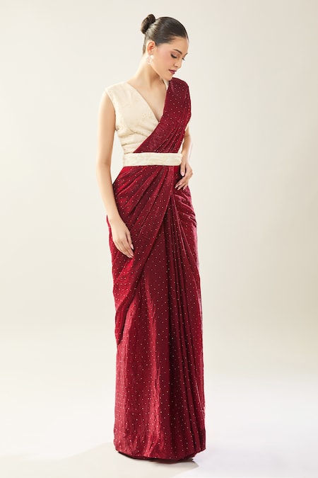 Shop_Samyukta Singhania_Maroon Net Embroidery V-neck Pre-draped Saree Set 