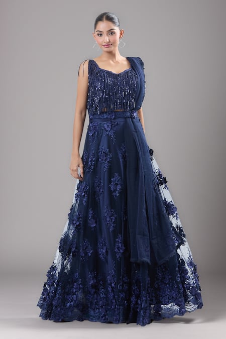Samyukta Singhania Blue Net Embroidered Lehenga Set 