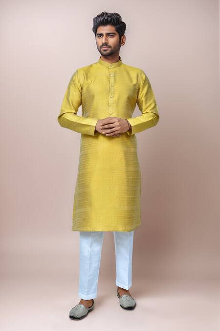 Arihant Rai Sinha Yellow Jacquard, Silk Embroidery Floral Stripe Pattern Kurta Set