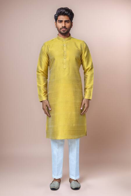 Shop_Arihant Rai Sinha_Yellow Jacquard, Silk Embroidery Floral Stripe Pattern Kurta Set_Online_at_Aza_Fashions