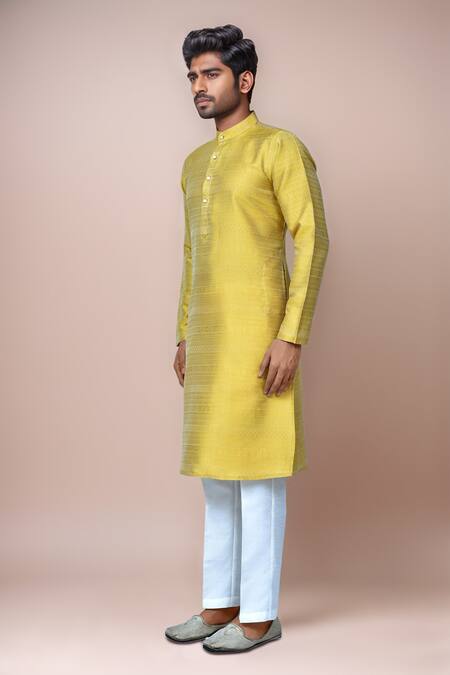 Arihant Rai Sinha_Yellow Jacquard, Silk Embroidery Floral Stripe Pattern Kurta Set_at_Aza_Fashions