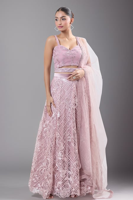 Samyukta Singhania Pink Net Embroidered Lehenga Set 