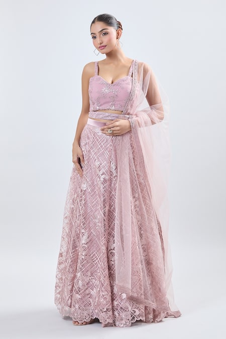 Buy Samyukta Singhania Pink Net Embroidery, Sequins V-neck Lehenga Set Buy_Samyukta Singhania_Pink Net Embroidery, Sequins V-neck Lehenga Set