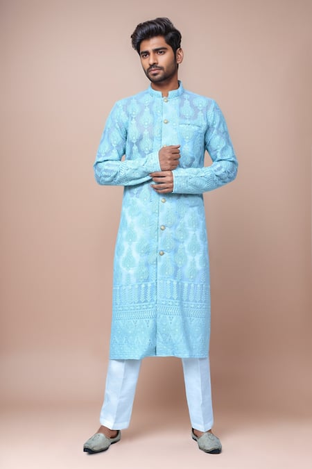 Arihant Rai Sinha Blue Georgette, Silk Embroidery Chikankari Thread Kurta Set